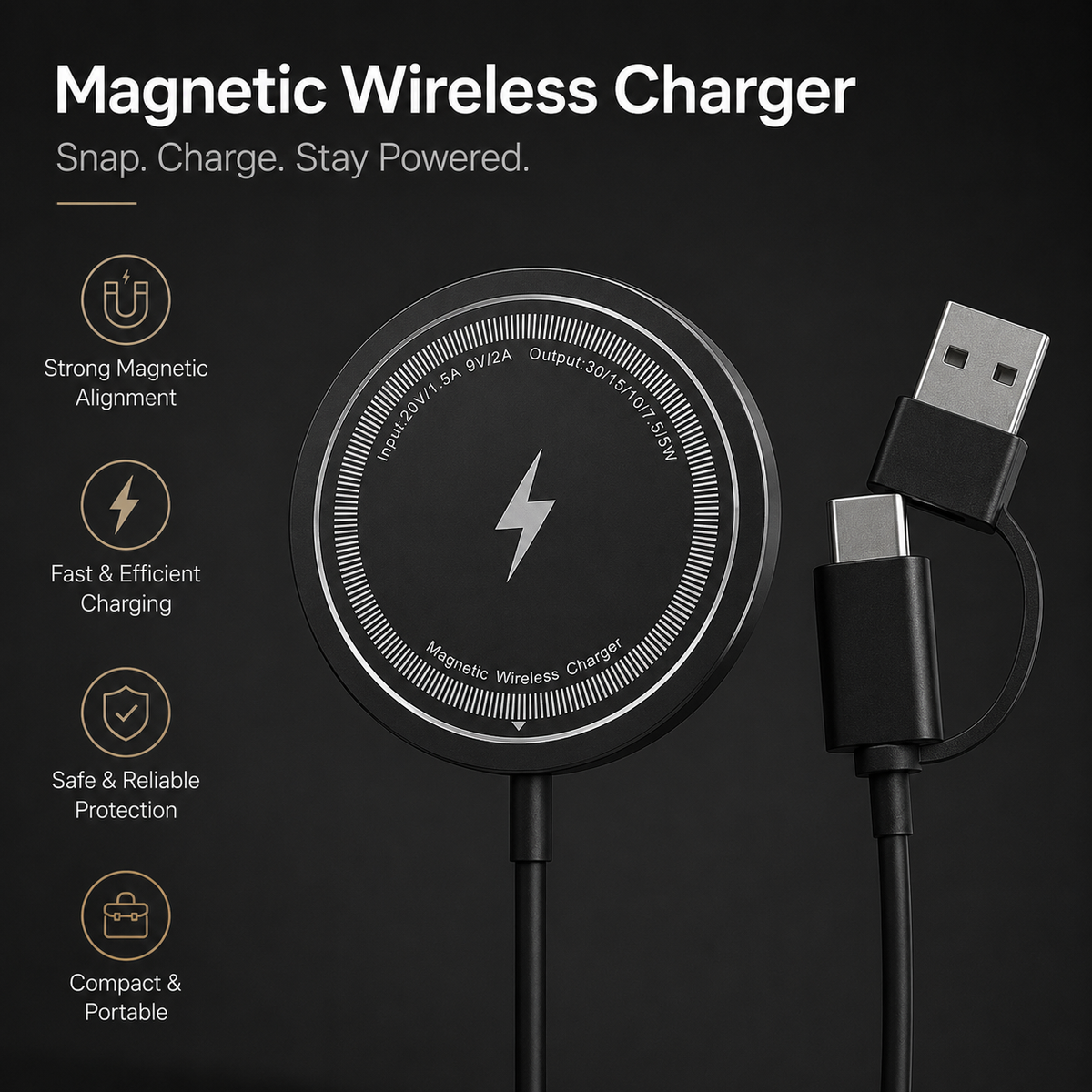 Premium MagSafe Compatible Magnetic Wireless Charger 30W Fast Wireless Charging Pad Slim Portable Dock for Smartphones and Earbuds Home Office Travel