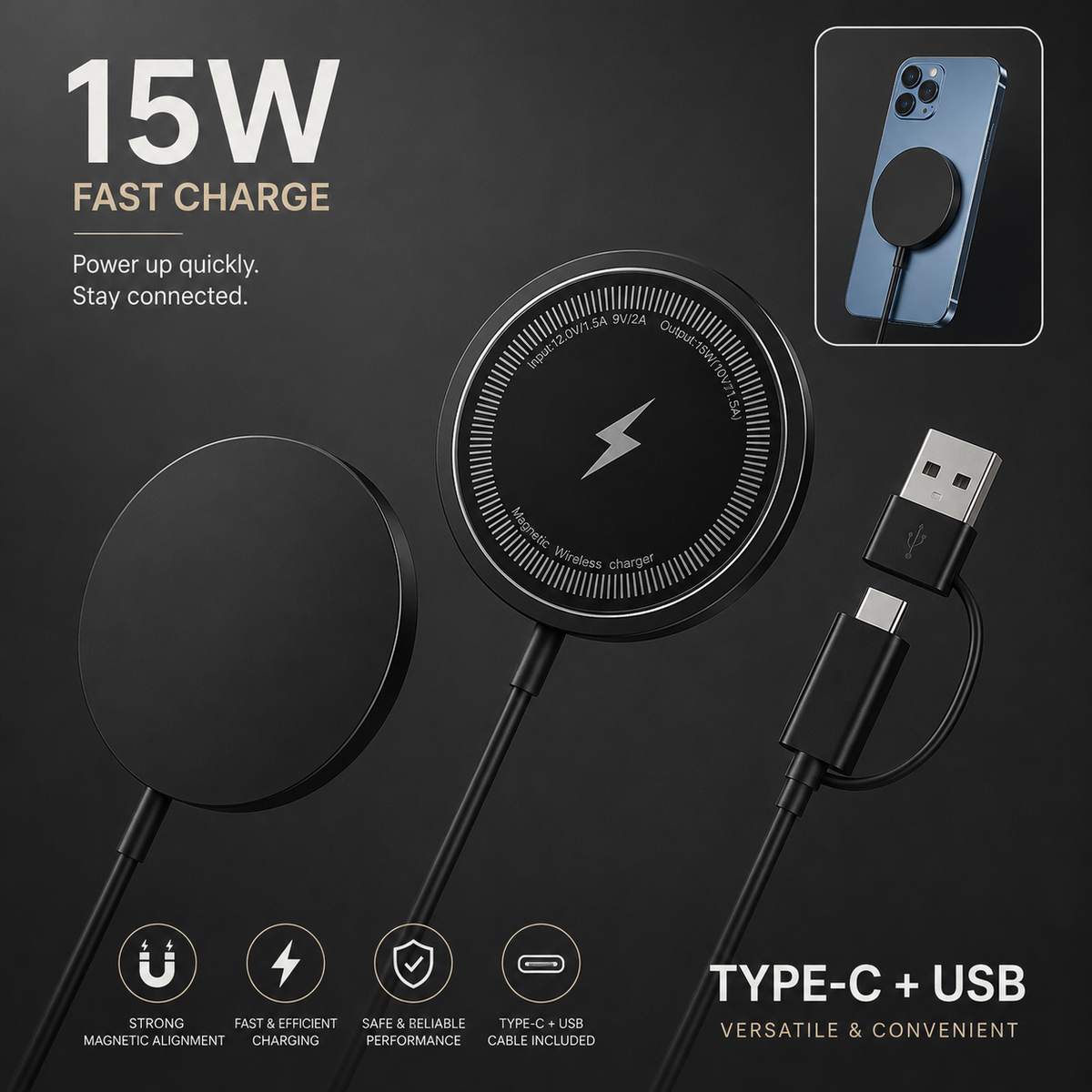 Premium MagSafe Compatible Magnetic Wireless Charger 30W Fast Wireless Charging Pad Slim Portable Dock for Smartphones and Earbuds Home Office Travel