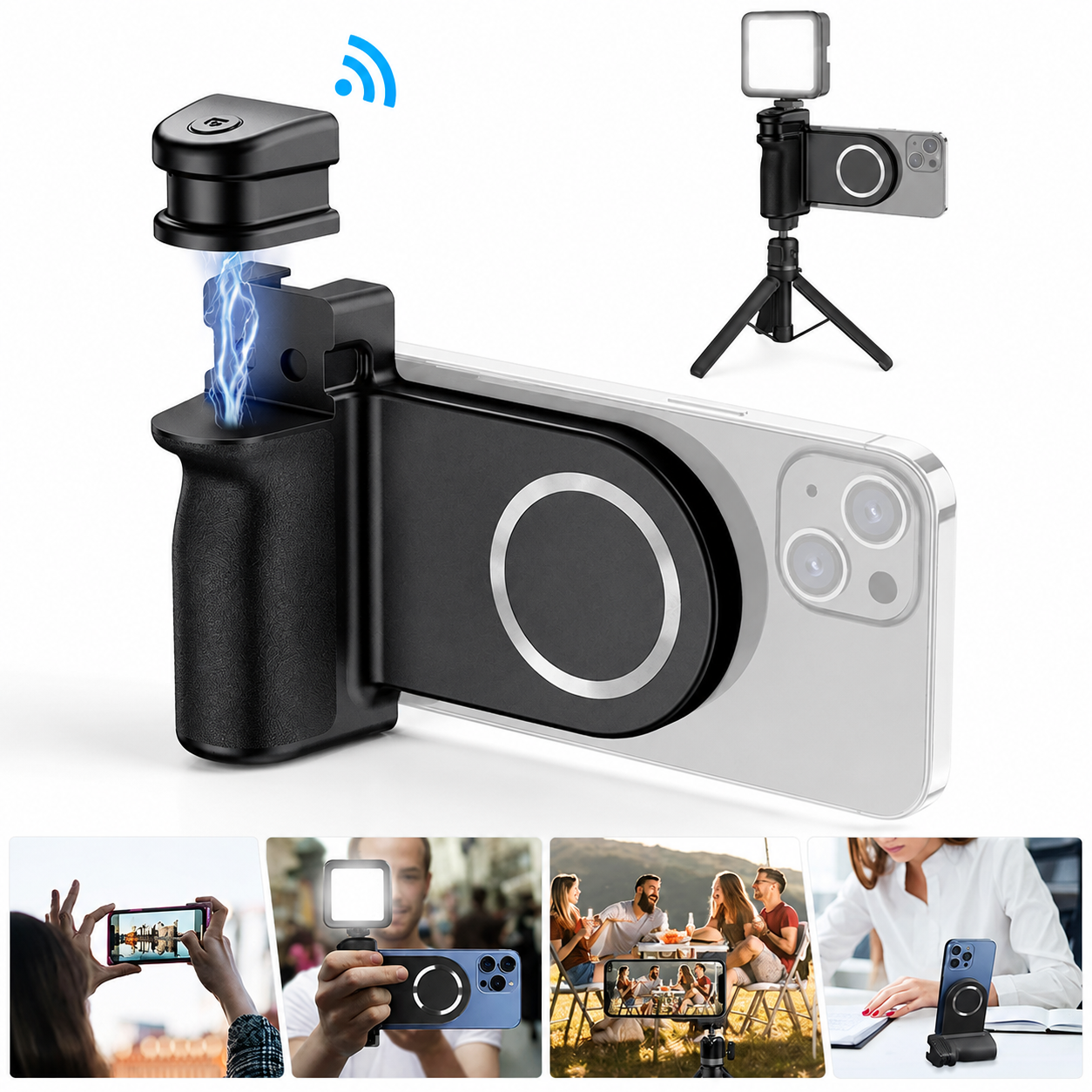 Premium Magnetic Phone Holder Stand MagSafe Compatible Bluetooth Remote Smartphone Grip Mount Video Photography Support Portable Compact Hands-Free