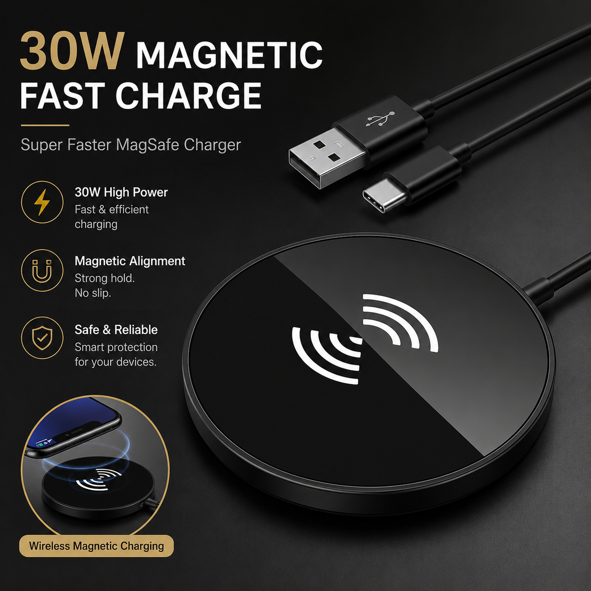 Premium Magnetic Wireless Charger Stand MagSafe Compatible 30W Fast Charging USB-C PD Charging Dock Magnetic Phone Stand Holder Desk Desktop Organizer