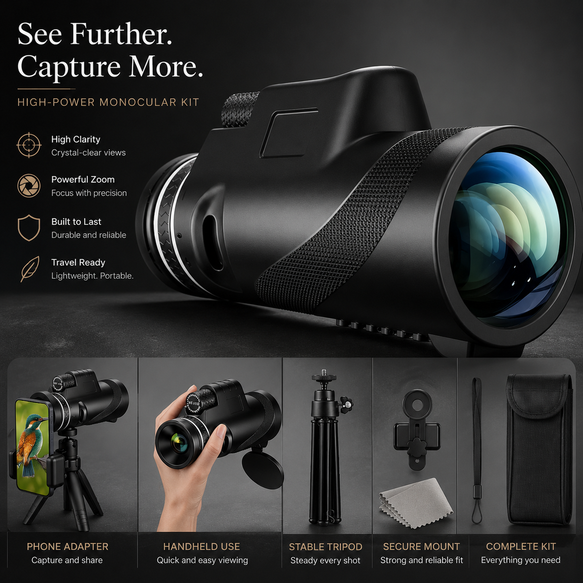 Premium Monocular Telescope Smartphone Compatible HD Optical Lens High Power Zoom Compact Travel Scope Bird Watching Hiking Camping Outdoor Viewing