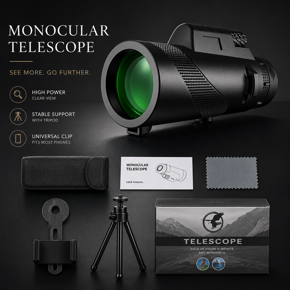 Premium Monocular Telescope Smartphone Compatible HD Optical Lens High Power Zoom Compact Travel Scope Bird Watching Hiking Camping Outdoor Viewing