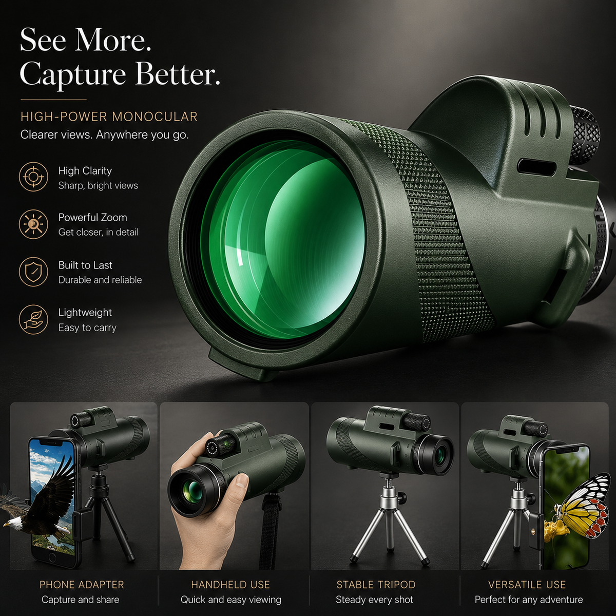 Premium Monocular Telescope Smartphone Compatible HD Optical Lens High Power Zoom Compact Travel Scope Bird Watching Hiking Camping Outdoor Viewing