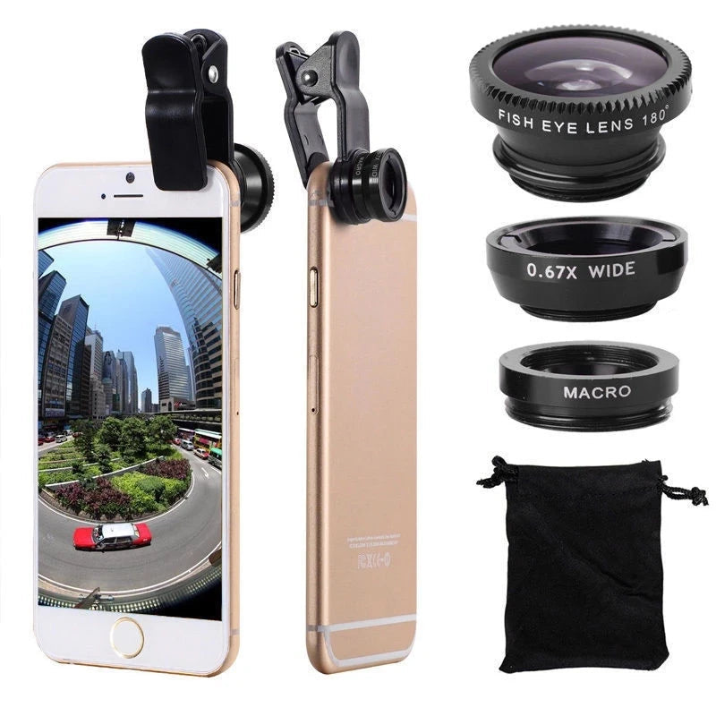Premium Phone Camera Lens Kit 3 In 1 Fisheye Wide Angle Macro Clip-On Smartphone Photography Set