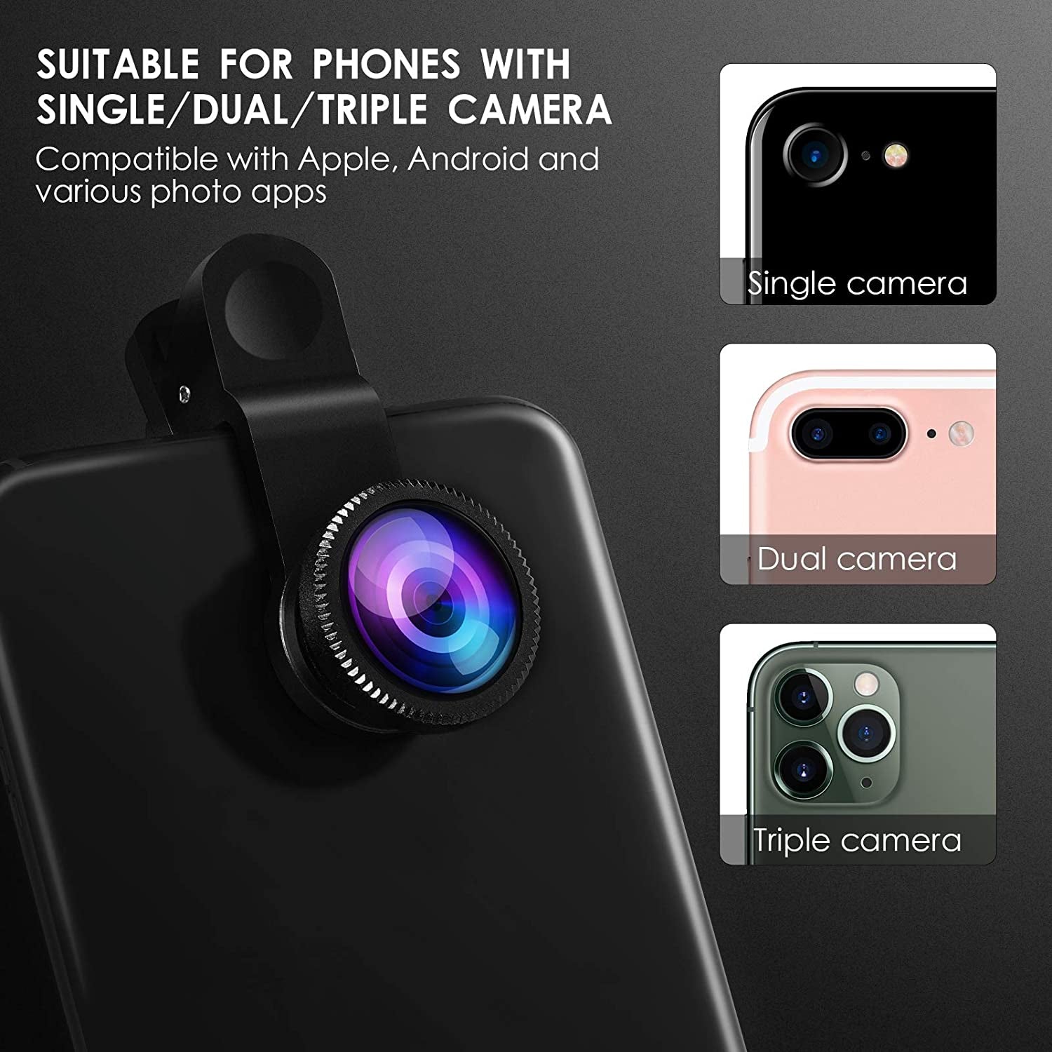 Premium Phone Camera Lens Kit 3 In 1 Fisheye Wide Angle Macro Clip-On Smartphone Photography Set