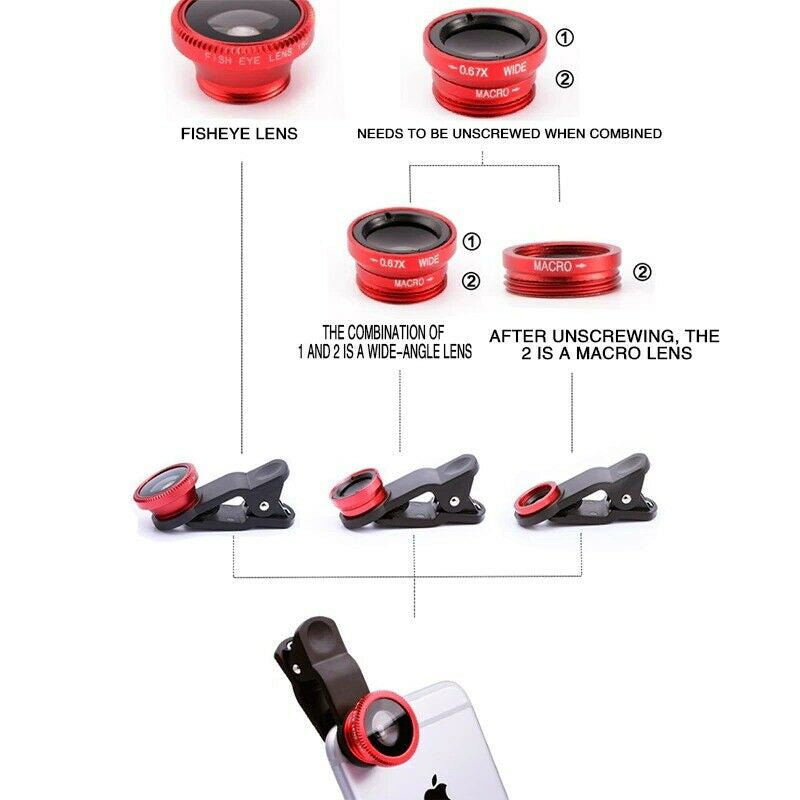 Premium Phone Camera Lens Kit 3 In 1 Fisheye Wide Angle Macro Clip-On Smartphone Photography Set