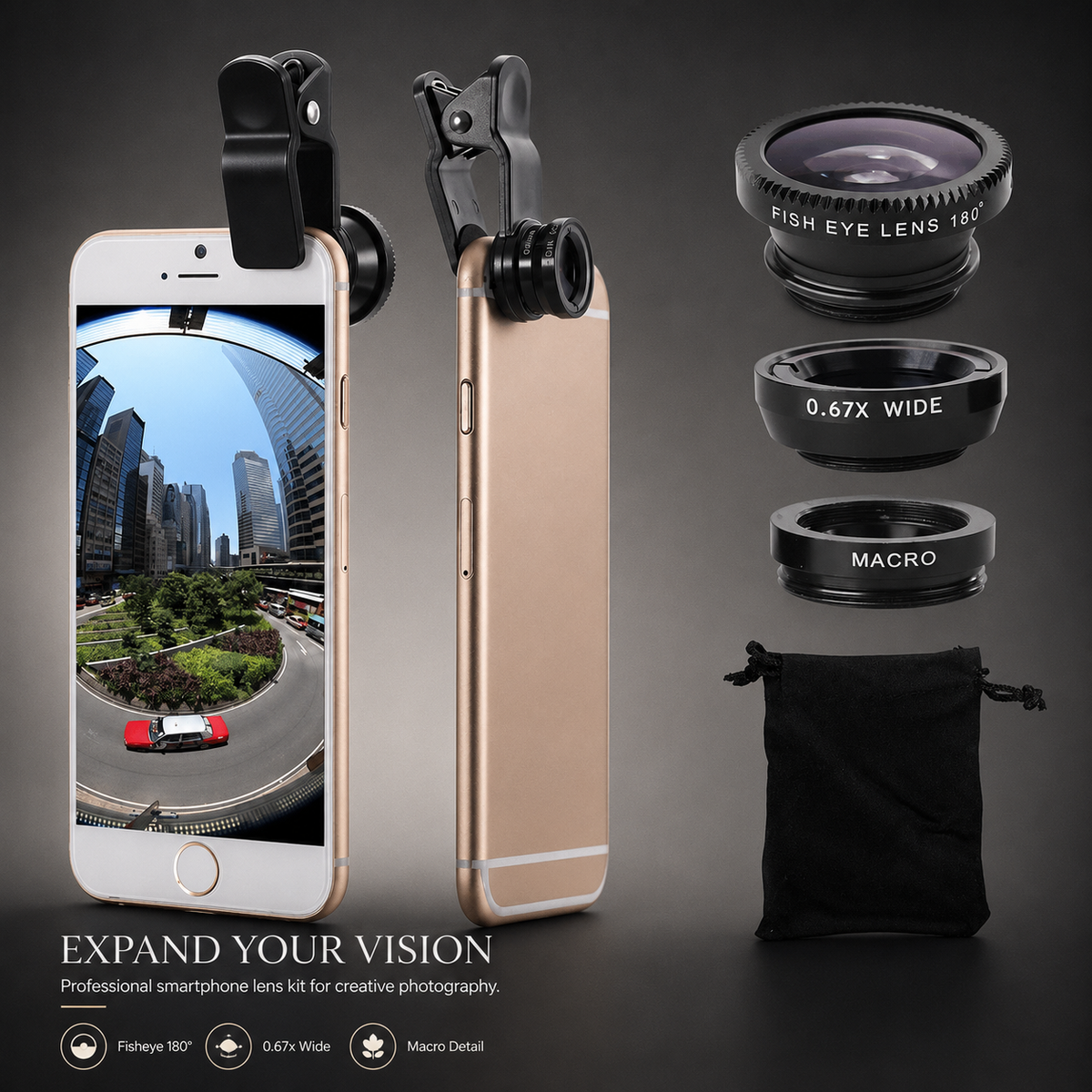 Premium Phone Camera Lens Kit 3 In 1 Fisheye Wide Angle Macro Clip-On Smartphone Photography Set Universal Portable Creative Photo Accessory Kit Pro