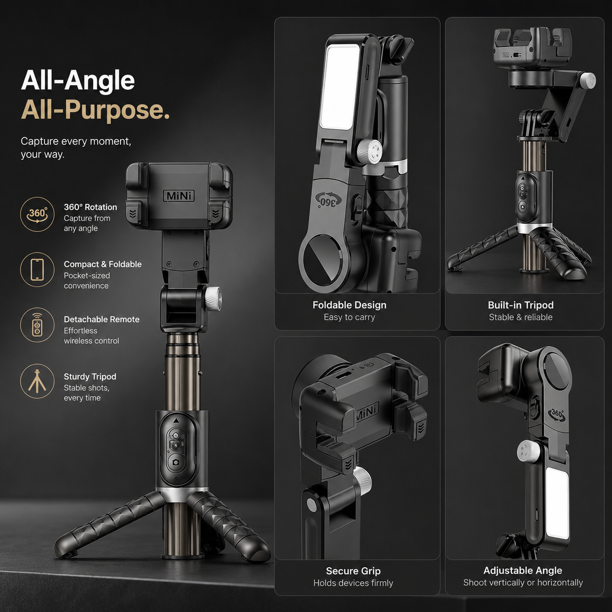 Premium Phone Gimbal Stabilizer Selfie Stick Tripod Bluetooth Remote 360 Rotation Video Photography Stand Foldable Adjustable Mount Portable Creator