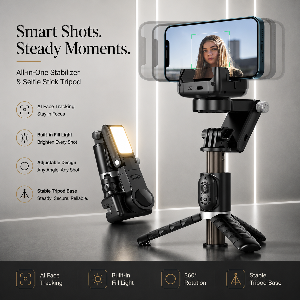 Premium Phone Gimbal Stabilizer Selfie Stick Tripod Bluetooth Remote 360 Rotation Video Photography Stand Foldable Adjustable Mount Portable Creator