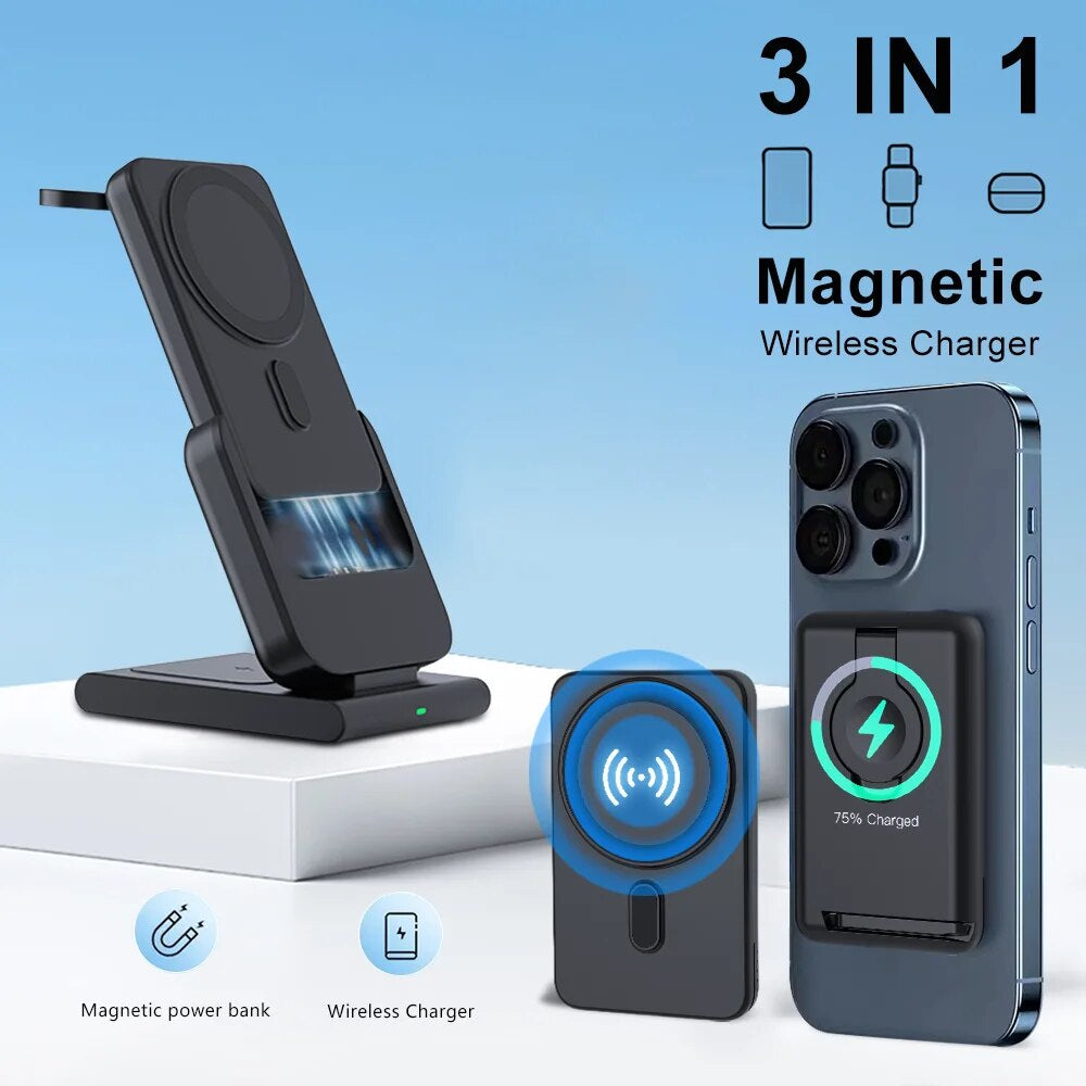 Premium Power Bank 5000mAh Magnetic Wireless Charger MagSafe Compatible 3 In 1 Portable Charging Station for Smartphone Watch and Earbuds