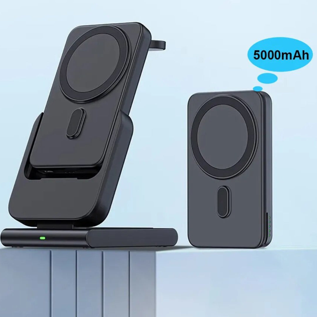 Premium Power Bank 5000mAh Magnetic Wireless Charger MagSafe Compatible 3 In 1 Portable Charging Station for Smartphone Watch and Earbuds