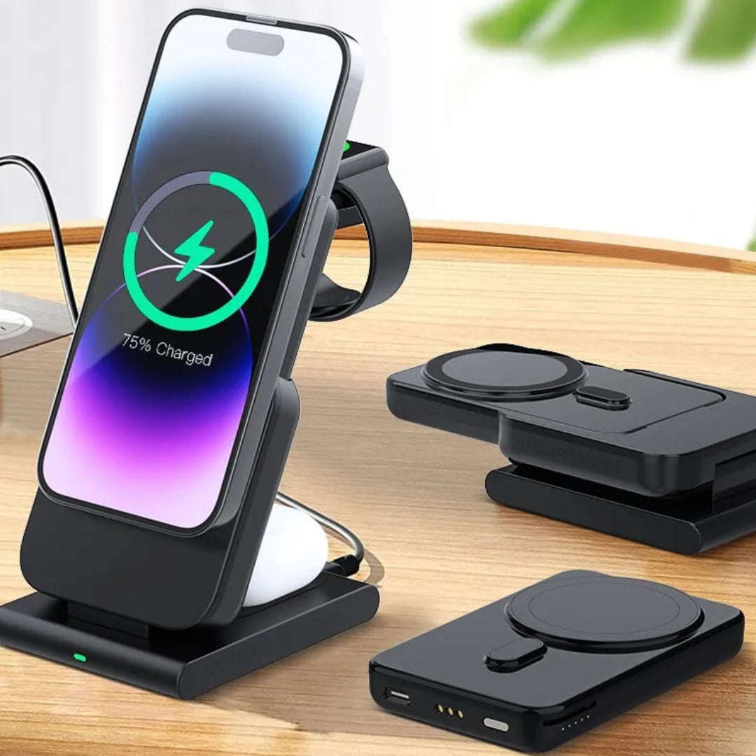 Premium Power Bank 5000mAh Magnetic Wireless Charger MagSafe Compatible 3 In 1 Portable Charging Station for Smartphone Watch and Earbuds