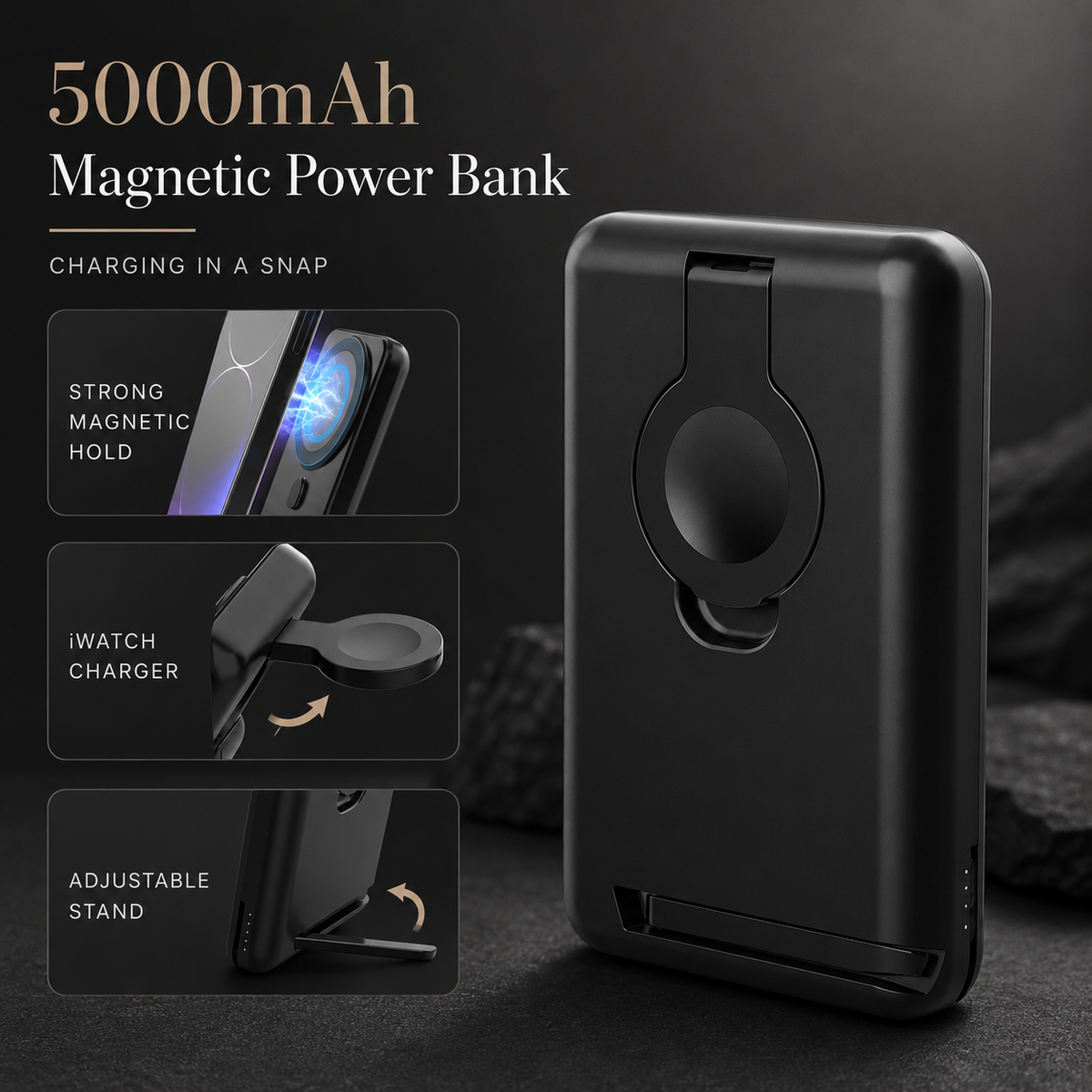 Premium Power Bank Magnetic Wireless Charger 3 In 1 Portable Charging Station 5000mAh MagSafe Compatible Phone Watch Earbuds Fast Travel Charger