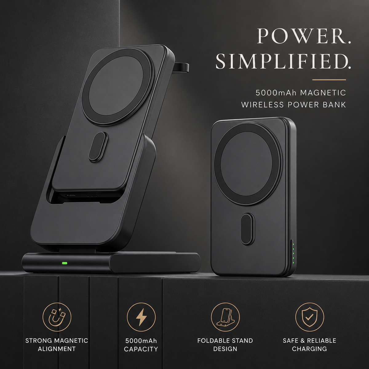 Premium Power Bank Magnetic Wireless Charger 3 In 1 Portable Charging Station 5000mAh MagSafe Compatible Phone Watch Earbuds Fast Travel Charger