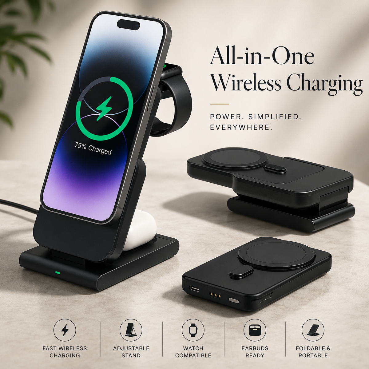 Premium Power Bank Magnetic Wireless Charger 3 In 1 Portable Charging Station 5000mAh MagSafe Compatible Phone Watch Earbuds Fast Travel Charger