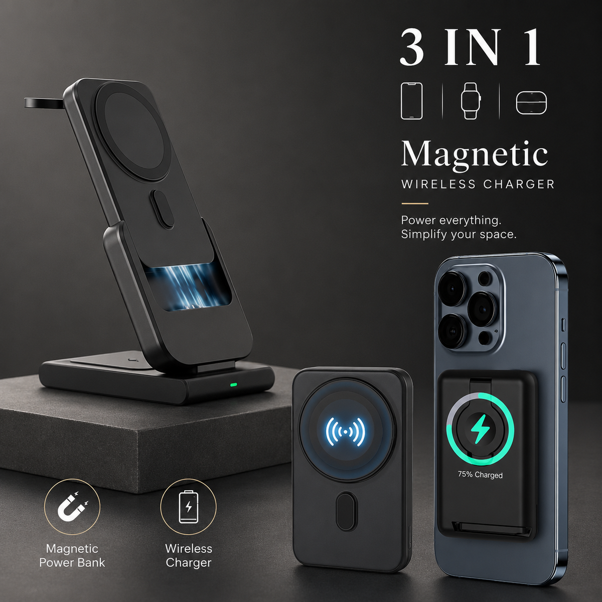 Premium Power Bank Magnetic Wireless Charger 3 In 1 Portable Charging Station 5000mAh MagSafe Compatible Phone Watch Earbuds Fast Travel Charger