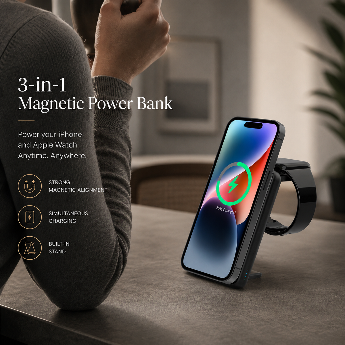 Premium Power Bank Magnetic Wireless Charger 3 In 1 Portable Charging Station 5000mAh MagSafe Compatible Phone Watch Earbuds Fast Travel Charger