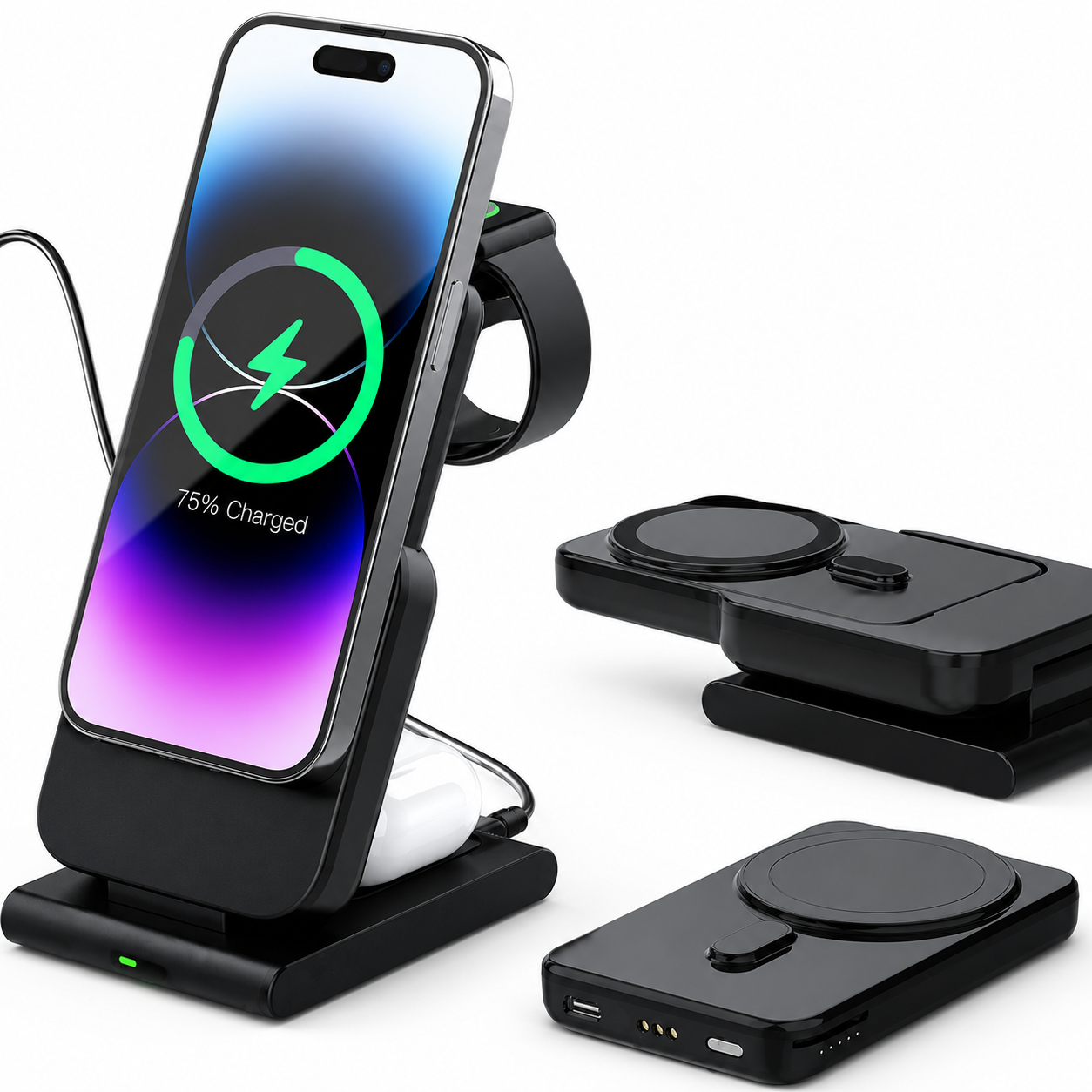 Premium Power Bank Magnetic Wireless Charger 3 In 1 Portable Charging Station 5000mAh MagSafe Compatible Phone Watch Earbuds Fast Travel Charger