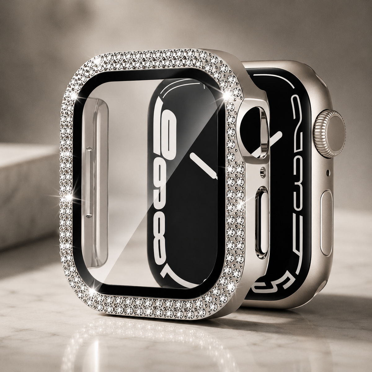 Premium Rhinestone Apple Watch Case Glass Screen Protector Shockproof Protective Cover Luxury Bling Snap-On Full Coverage Bumper Slim Protective Shell