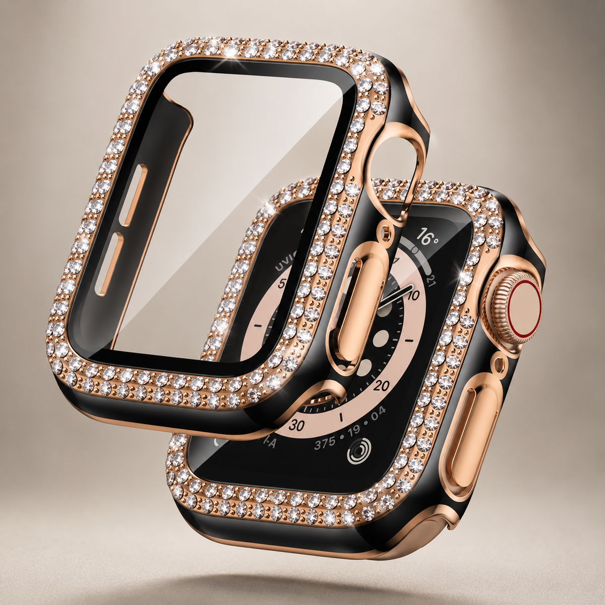 Premium Rhinestone Apple Watch Case Glass Screen Protector Shockproof Protective Cover Luxury Bling Snap-On Full Coverage Bumper Slim Protective Shell