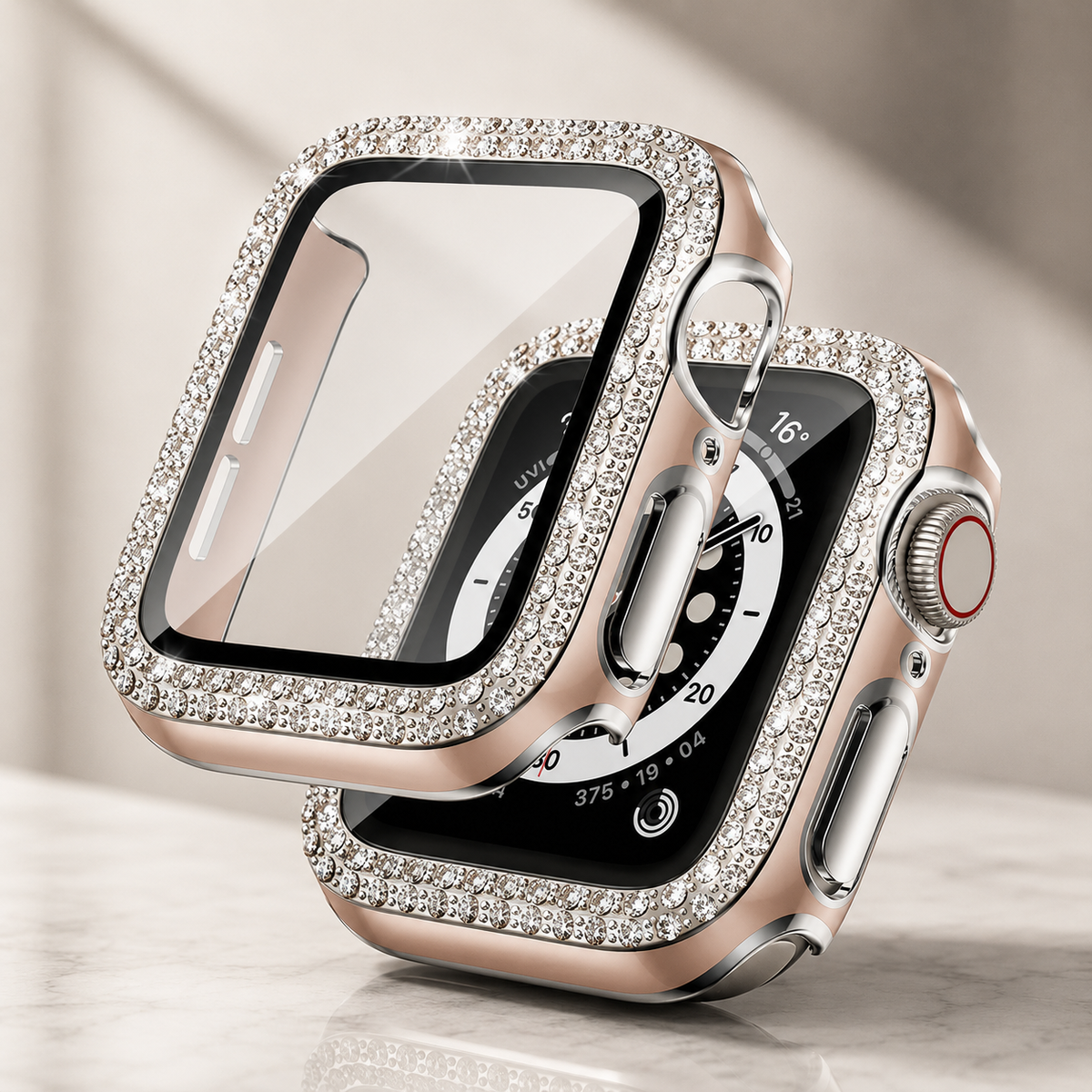 Premium Rhinestone Apple Watch Case Glass Screen Protector Shockproof Protective Cover Luxury Bling Snap-On Full Coverage Bumper Slim Protective Shell