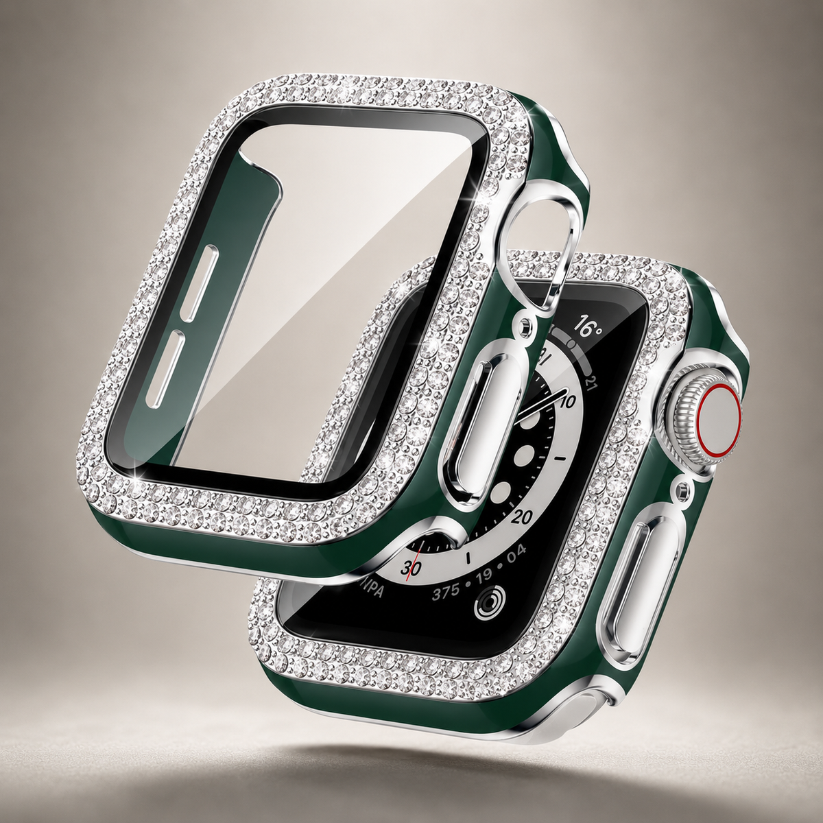 Premium Rhinestone Apple Watch Case Glass Screen Protector Shockproof Protective Cover Luxury Bling Snap-On Full Coverage Bumper Slim Protective Shell