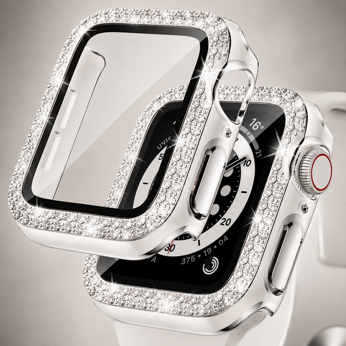 Premium Rhinestone Apple Watch Case Glass Screen Protector Shockproof Protective Cover Luxury Bling Snap-On Full Coverage Bumper Slim Protective Shell