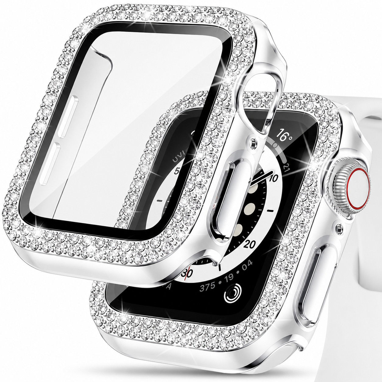 Premium Rhinestone Apple Watch Case Glass Screen Protector Shockproof Protective Cover Luxury Bling Snap-On Full Coverage Bumper Slim Protective Shell