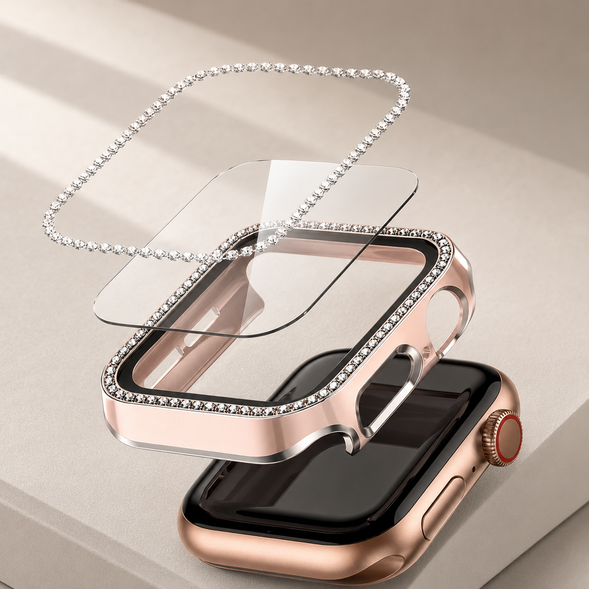 Premium Rhinestone Apple Watch Case Glass Screen Protector Shockproof Protective Cover Luxury Bling Snap-On Full Coverage Bumper Slim Protective Shell