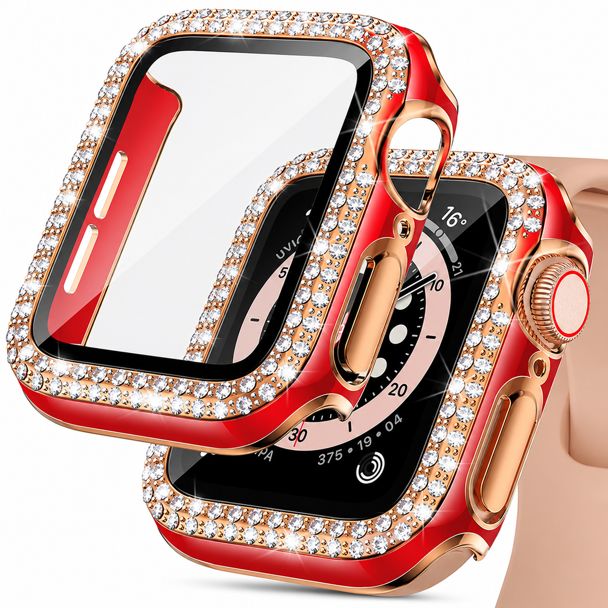 Premium Rhinestone Apple Watch Case Glass Screen Protector Shockproof Protective Cover Luxury Bling Snap-On Full Coverage Bumper Slim Protective Shell