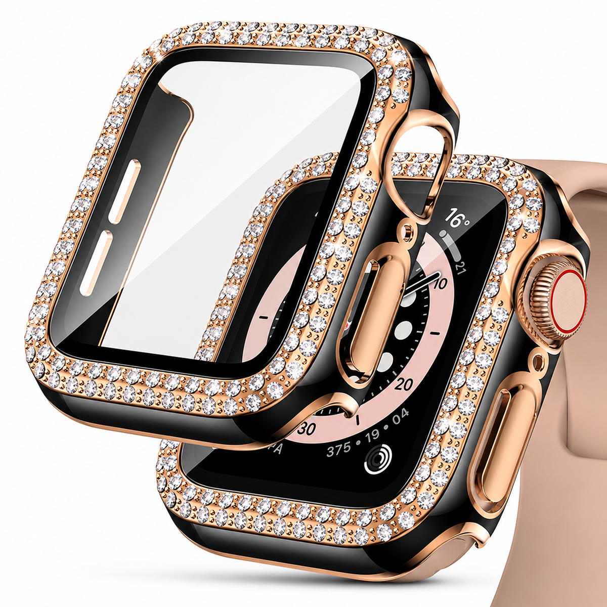 Premium Rhinestone Apple Watch Case Glass Screen Protector Shockproof Protective Cover Luxury Bling Snap-On Full Coverage Bumper Slim Protective Shell