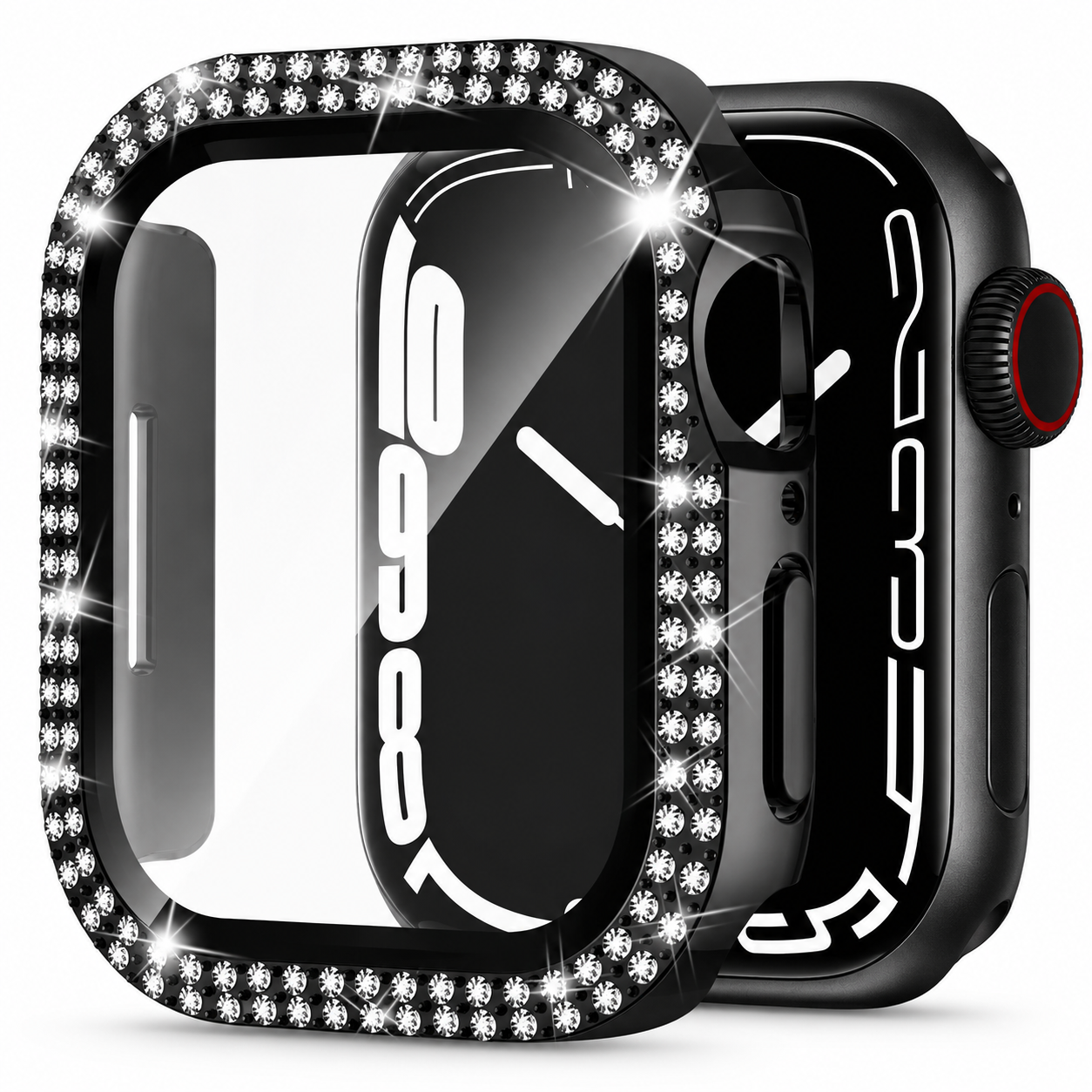 Premium Rhinestone Apple Watch Case Glass Screen Protector Shockproof Protective Cover Luxury Bling Snap-On Full Coverage Bumper Slim Protective Shell