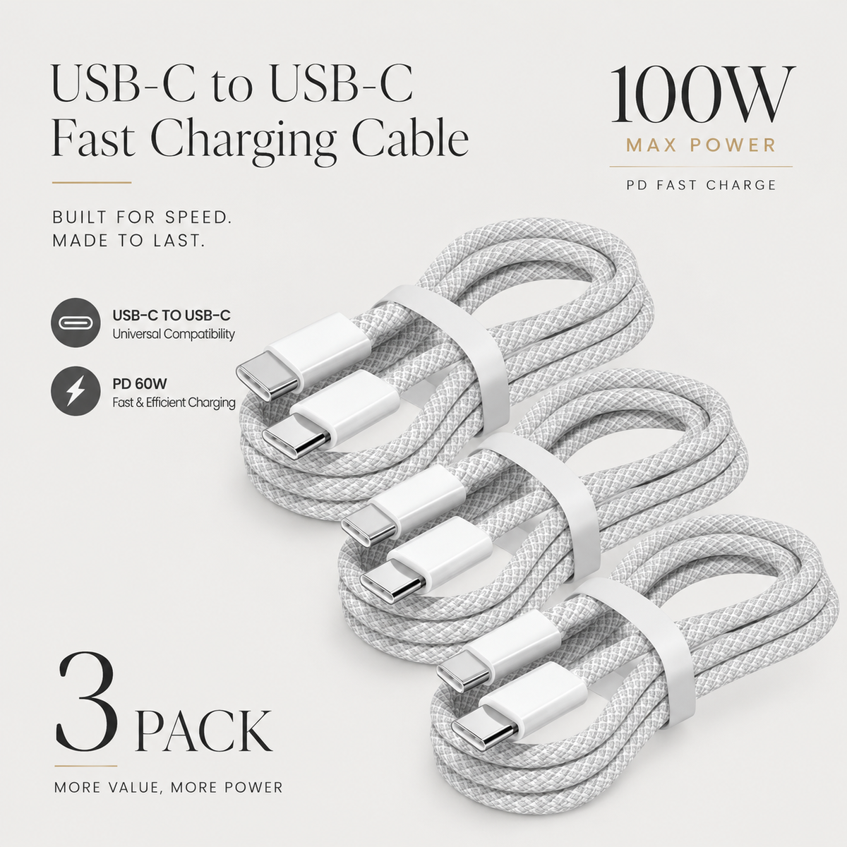 Premium USB-C Cable 100W Power Delivery Fast Charging Cord Durable TPE TPU Construction Stable Power Transfer Flexible Charging Cable Everyday Use