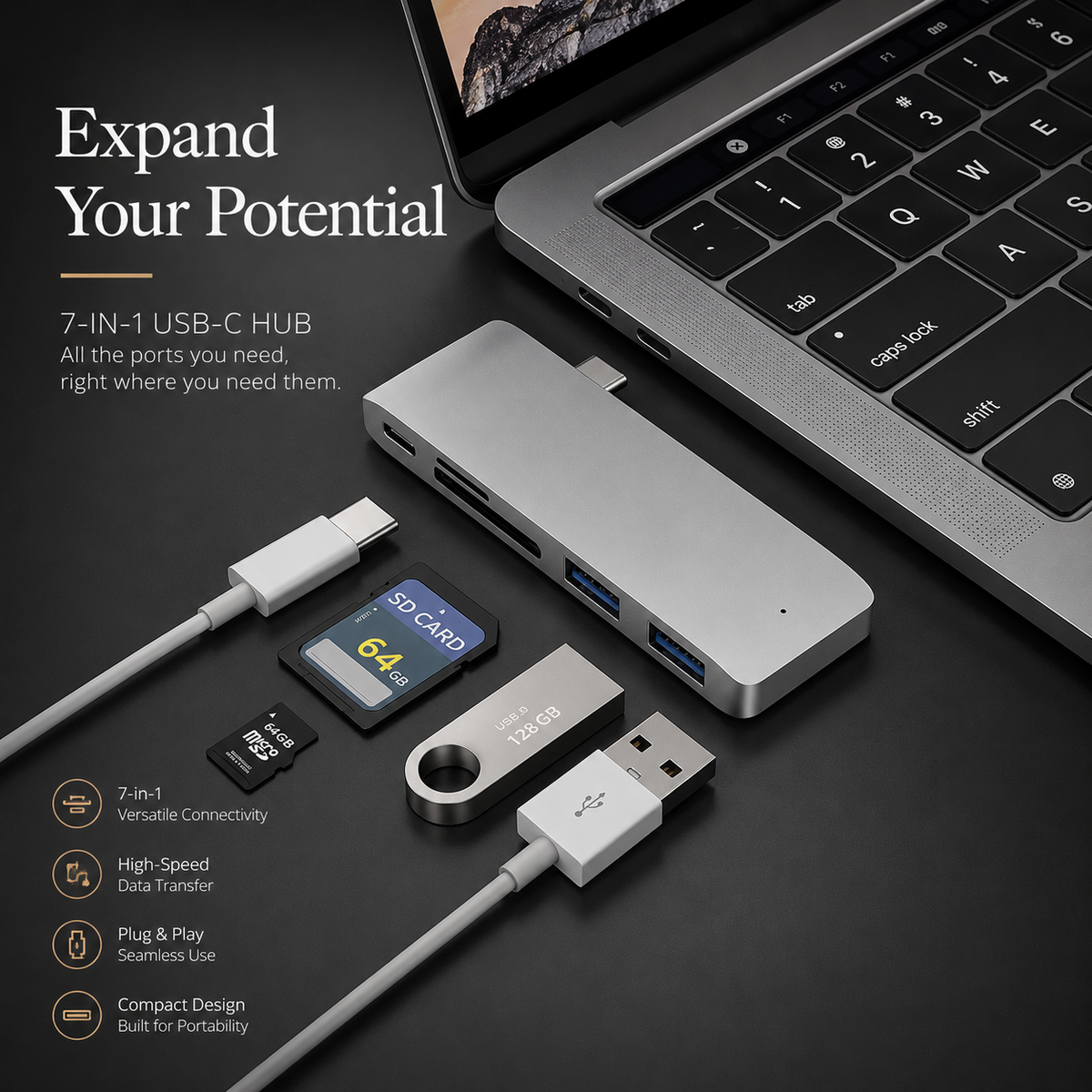Premium USB-C Hub HDMI 4K Adapter Thunderbolt 3 USB 3.1 Multiport Dock PD Charging SD Card Reader High Speed Data Transfer Compact Portable Design