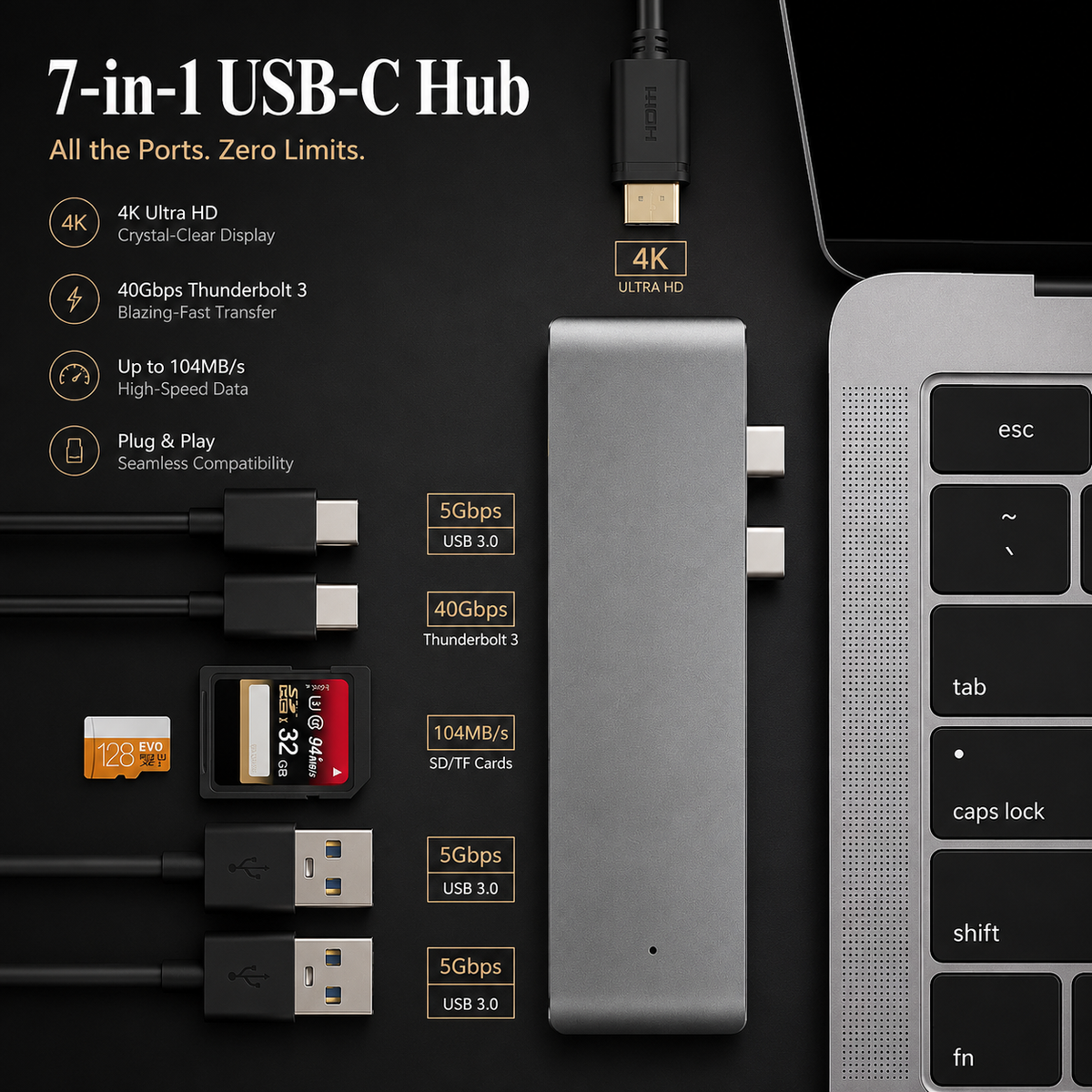 Premium USB-C Hub HDMI 4K Adapter Thunderbolt 3 USB 3.1 Multiport Dock PD Charging SD Card Reader High Speed Data Transfer Compact Portable Design