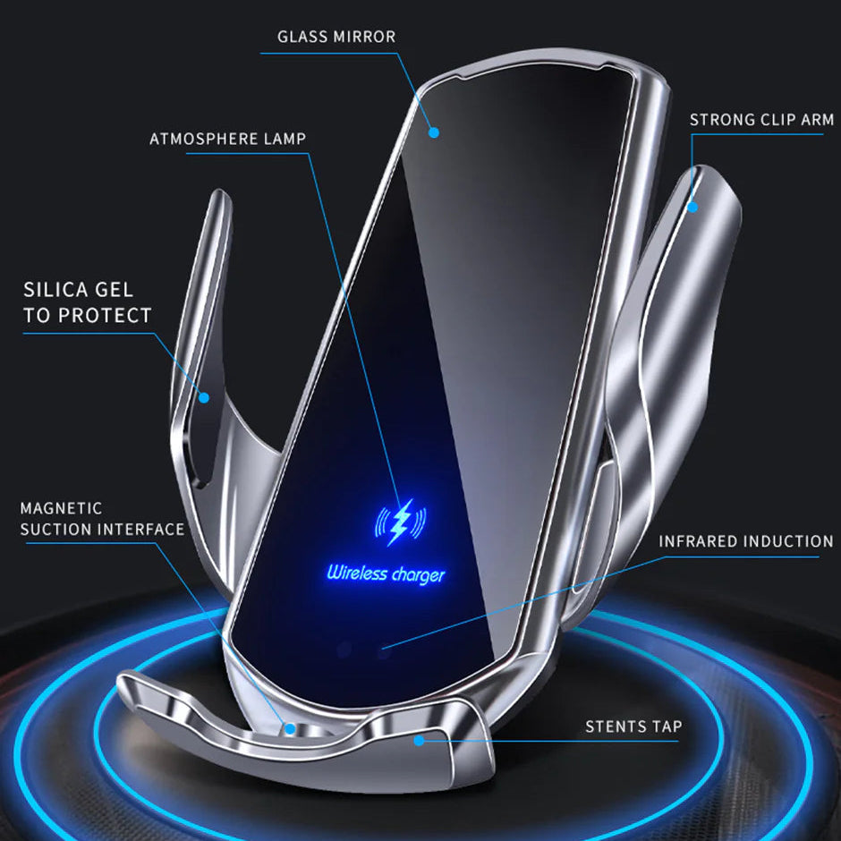 Premium Wireless Car Charger Magnetic Phone Mount 30W Fast Charging Auto Clamp Infrared Sensor USB-C LED Display