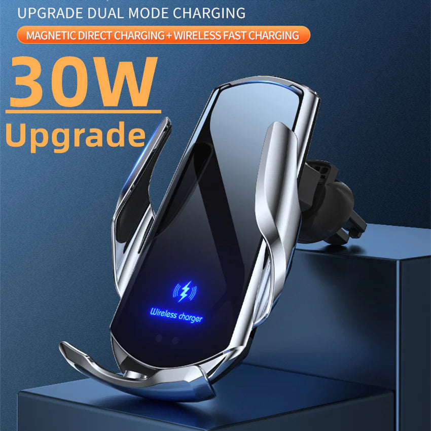 Premium Wireless Car Charger Magnetic Phone Mount 30W Fast Charging Auto Clamp Infrared Sensor USB-C LED Display