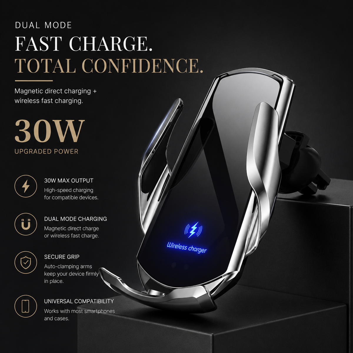 Premium Wireless Car Charger Magnetic Phone Mount 30W Fast Charging Auto Clamp Infrared Sensor USB-C LED Display Air Vent Holder Adjustable Dashboard