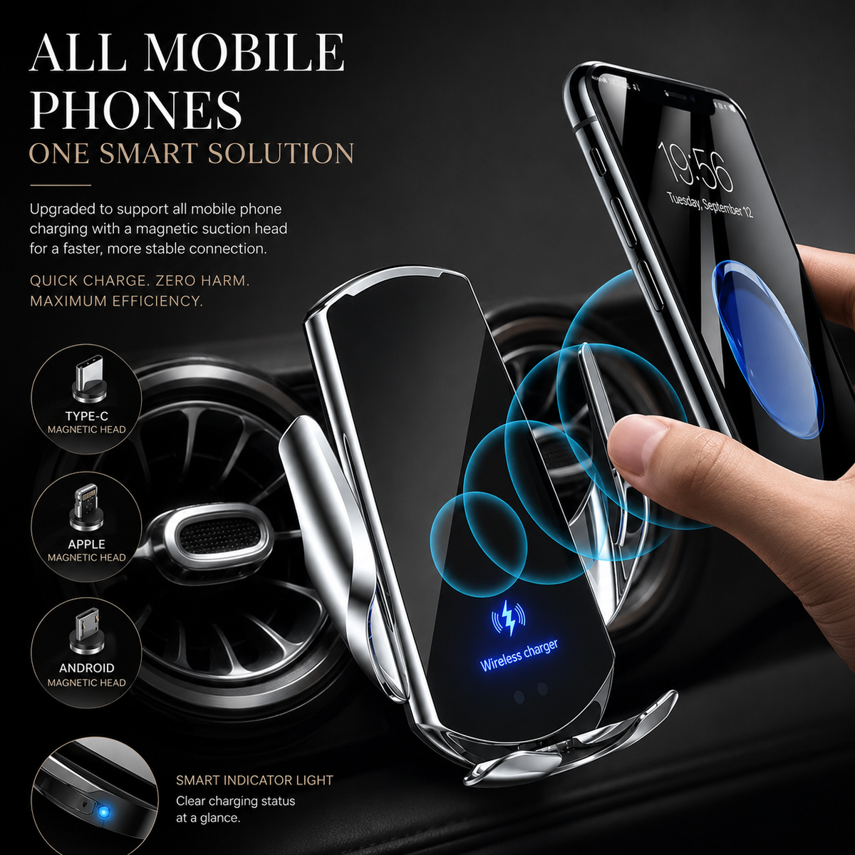 Premium Wireless Car Charger Magnetic Phone Mount 30W Fast Charging Auto Clamp Infrared Sensor USB-C LED Display Air Vent Holder Adjustable Dashboard