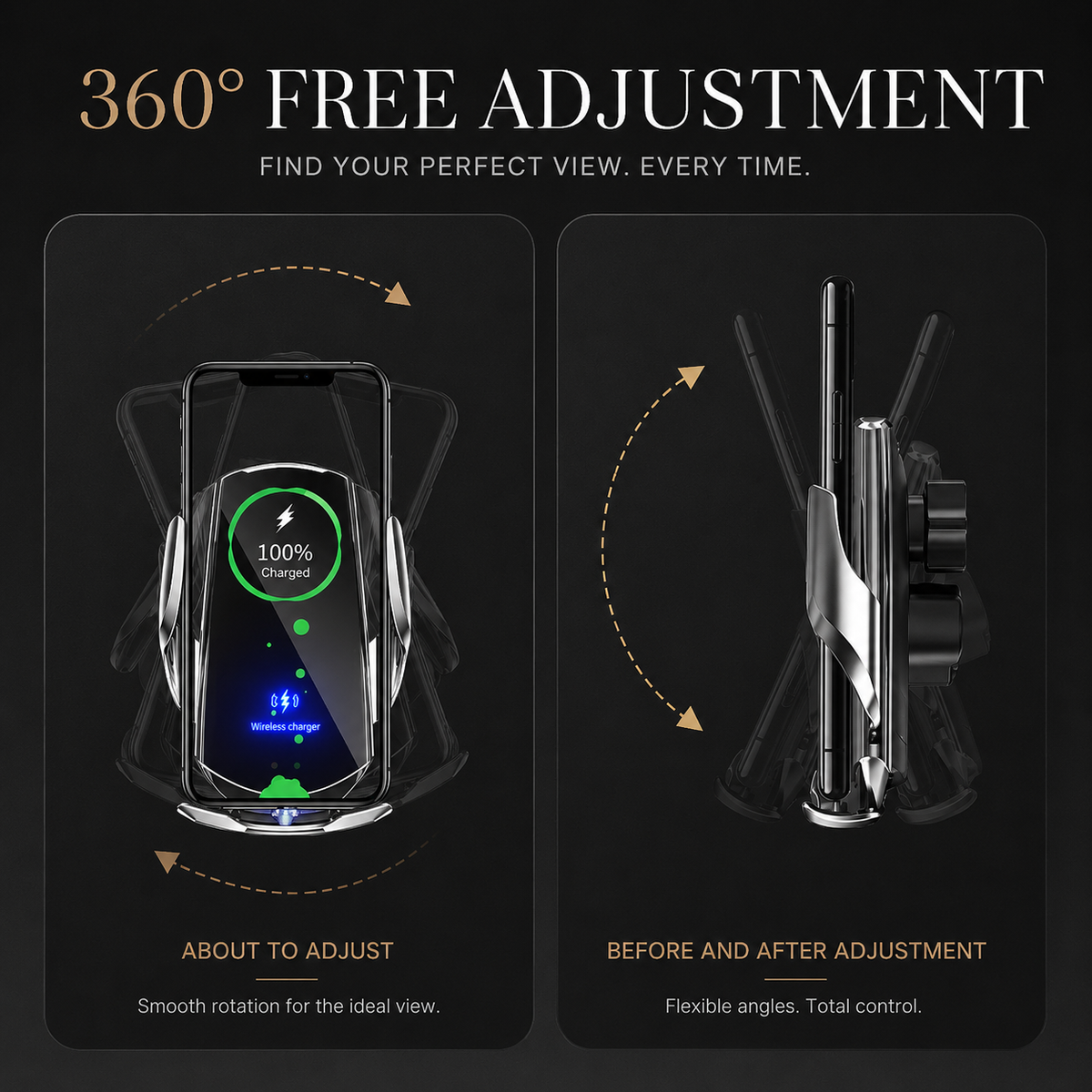 Premium Wireless Car Charger Magnetic Phone Mount 30W Fast Charging Auto Clamp Infrared Sensor USB-C LED Display Air Vent Holder Adjustable Dashboard