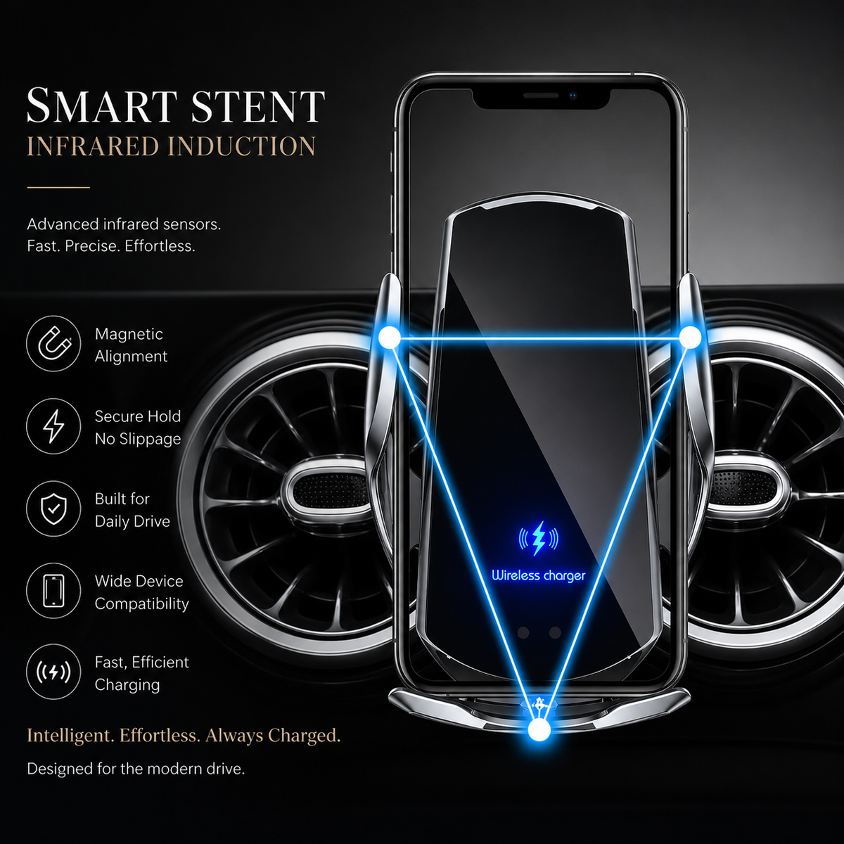 Premium Wireless Car Charger Magnetic Phone Mount 30W Fast Charging Auto Clamp Infrared Sensor USB-C LED Display Air Vent Holder Adjustable Dashboard