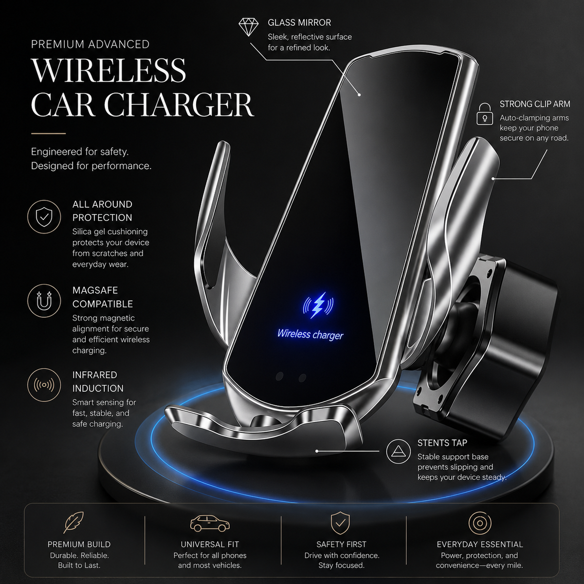 Premium Wireless Car Charger Magnetic Phone Mount 30W Fast Charging Auto Clamp Infrared Sensor USB-C LED Display Air Vent Holder Adjustable Dashboard