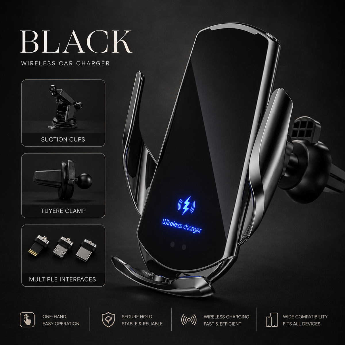 Premium Wireless Car Charger Magnetic Phone Mount 30W Fast Charging Auto Clamp Infrared Sensor USB-C LED Display Air Vent Holder Adjustable Dashboard