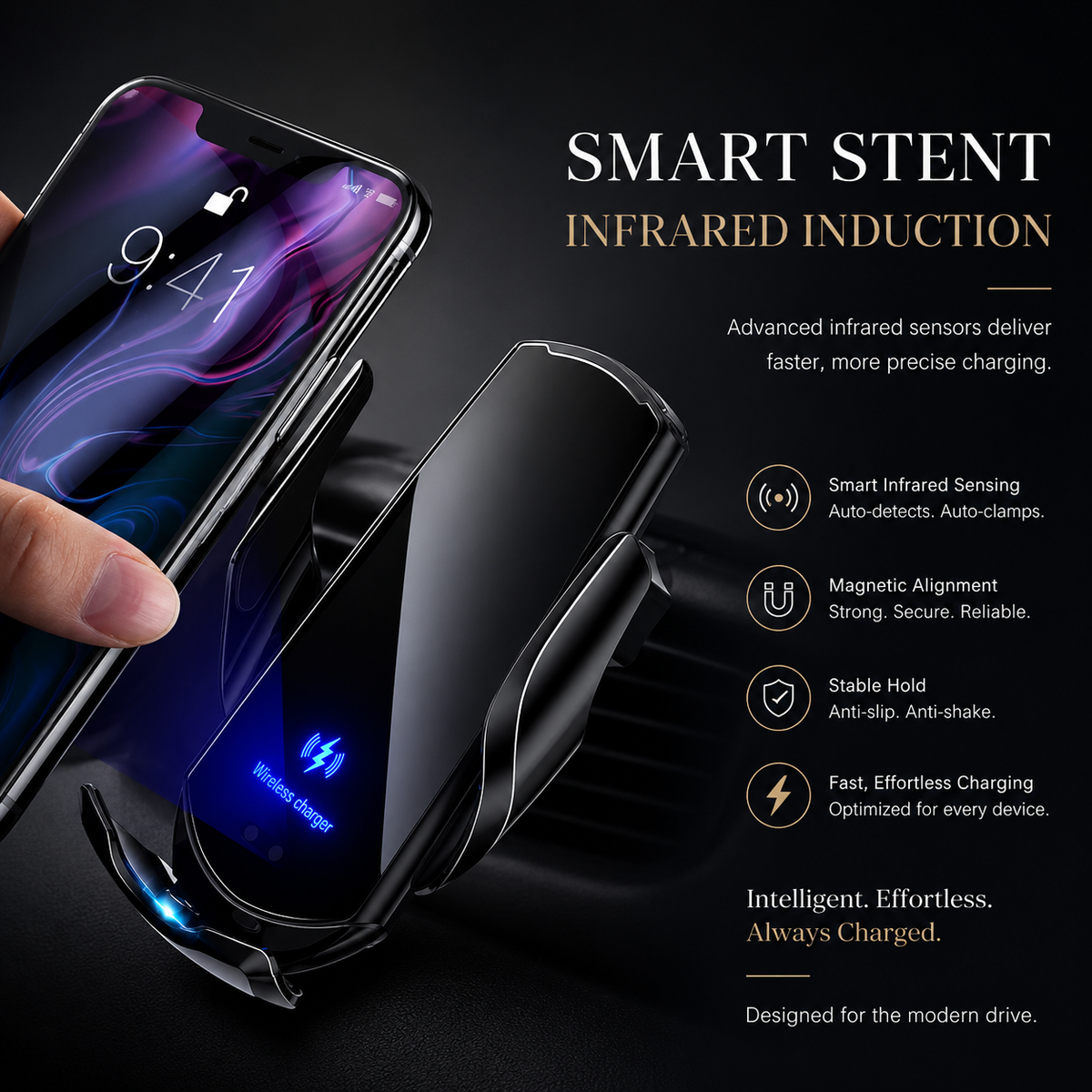 Premium Wireless Car Charger Magnetic Phone Mount 30W Fast Charging Auto Clamp Infrared Sensor USB-C LED Display Air Vent Holder Adjustable Dashboard