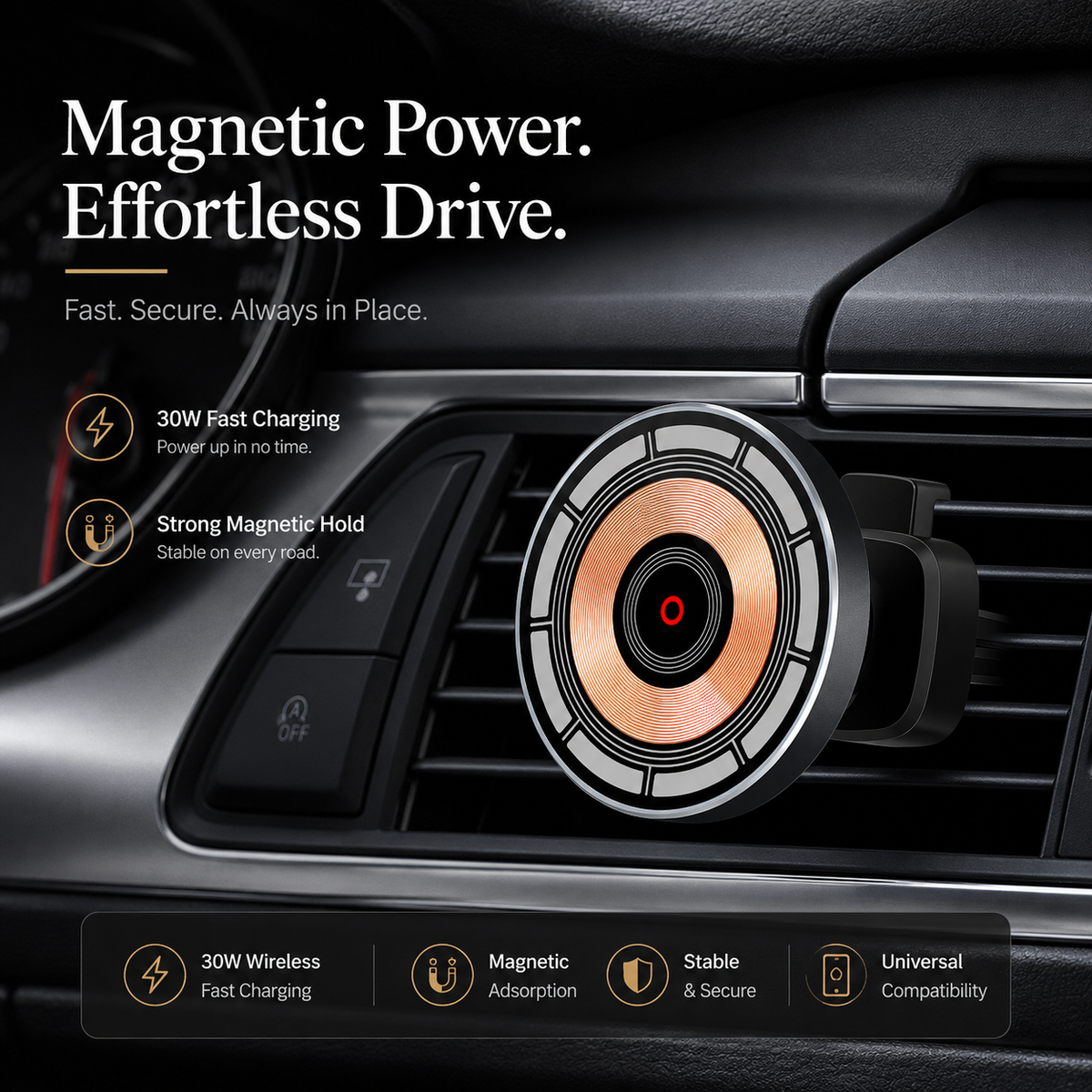 Premium Wireless Car Charger Magnetic Phone Mount MagSafe Compatible 30W Fast Charging Dashboard Vent Holder Secure Mount Adjustable Mount Design
