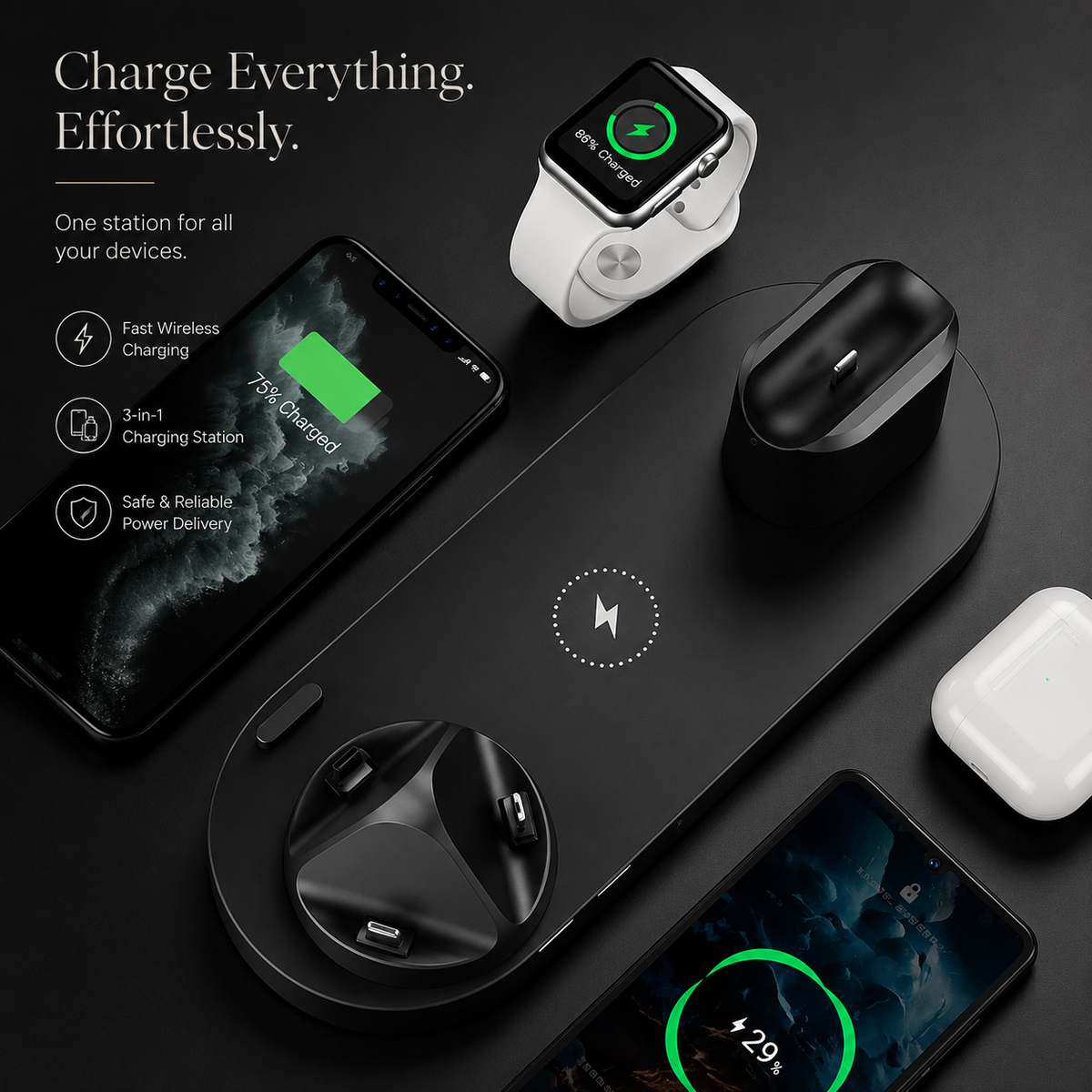 Premium Wireless Charger Fast Charging Station Foldable Multi Device Charging Dock Magnetic Stand for Smartphones Watches Earbuds Travel Organizer
