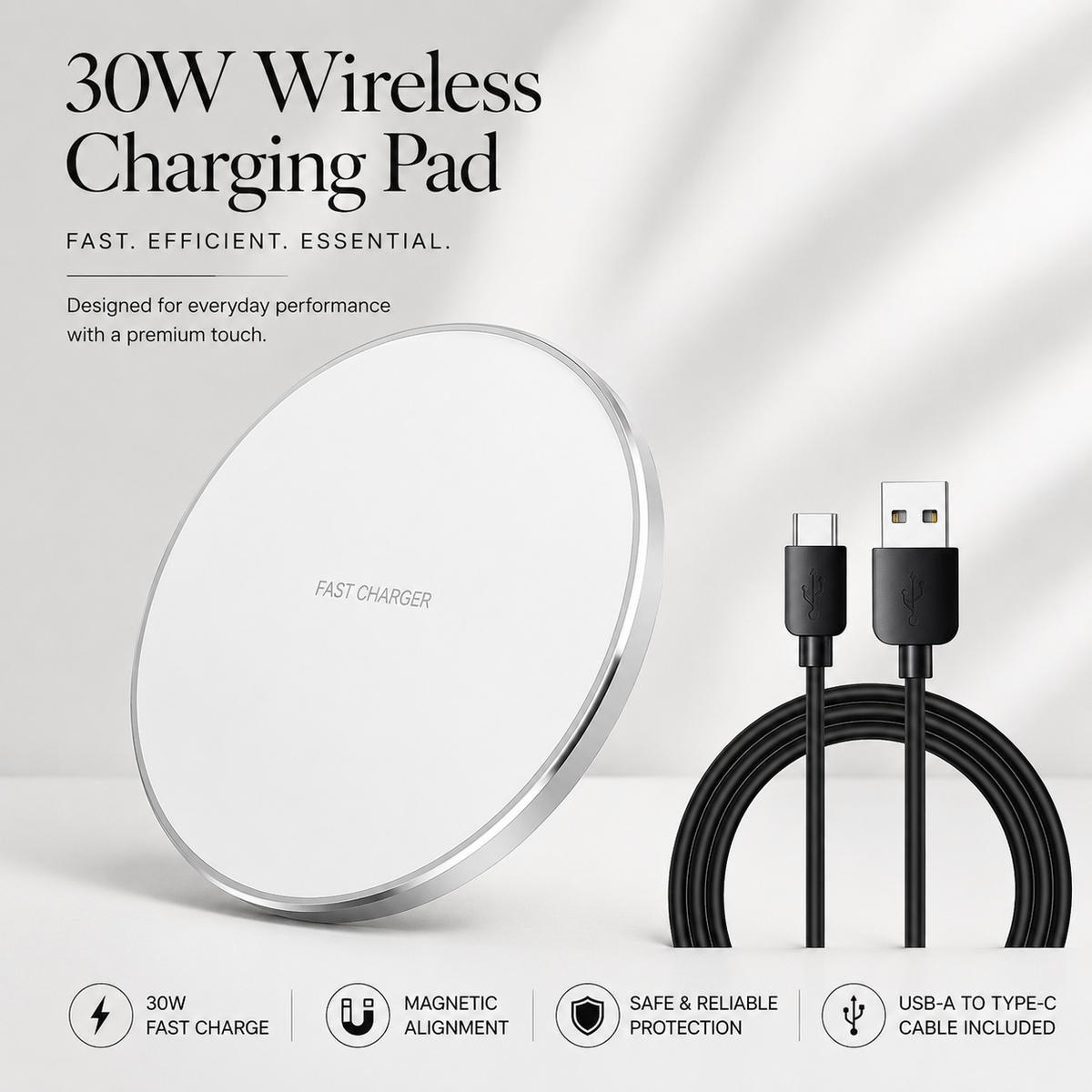 Premium Wireless Charger MagSafe Compatible 30W Fast Charging Pad Qi USB-C Magnetic Charging Dock Slim Portable Desktop Travel Charger Stand