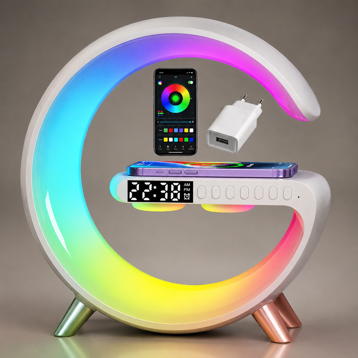 Premium Wireless Charging Station Fast Charger Bluetooth Speaker RGB LED Clock USB-C Charging Dock Multi Device Desktop Stand Organizer Desk Setup Hub