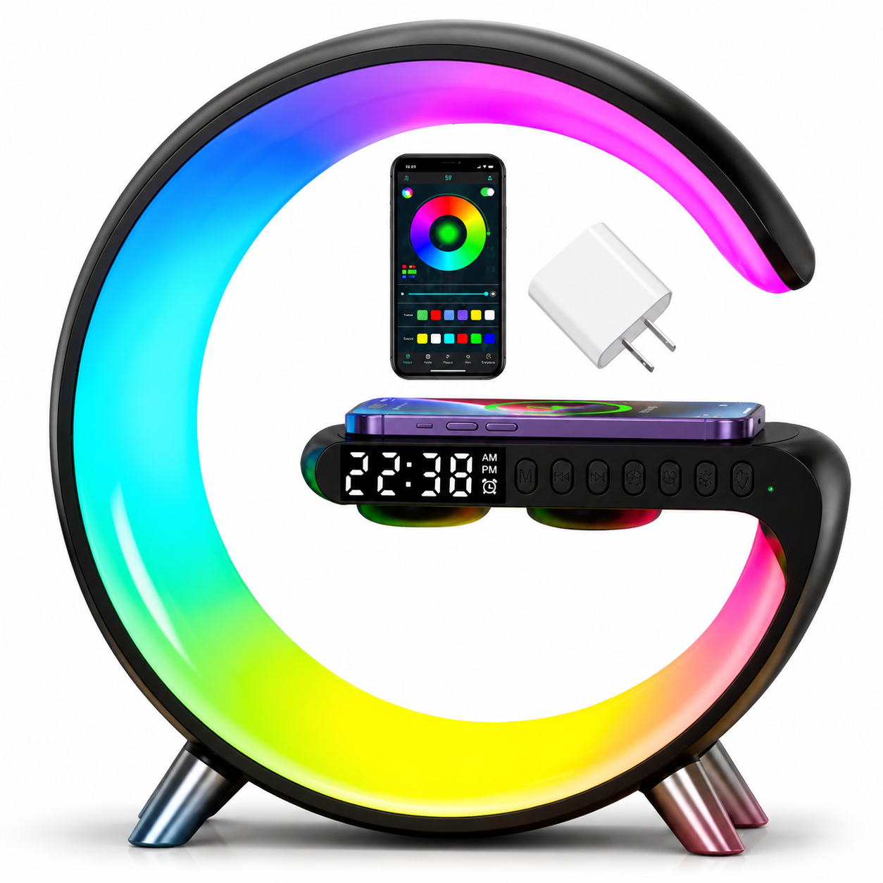 Premium Wireless Charging Station Fast Charger Bluetooth Speaker RGB LED Clock USB-C Charging Dock Multi Device Desktop Stand Organizer Desk Setup Hub