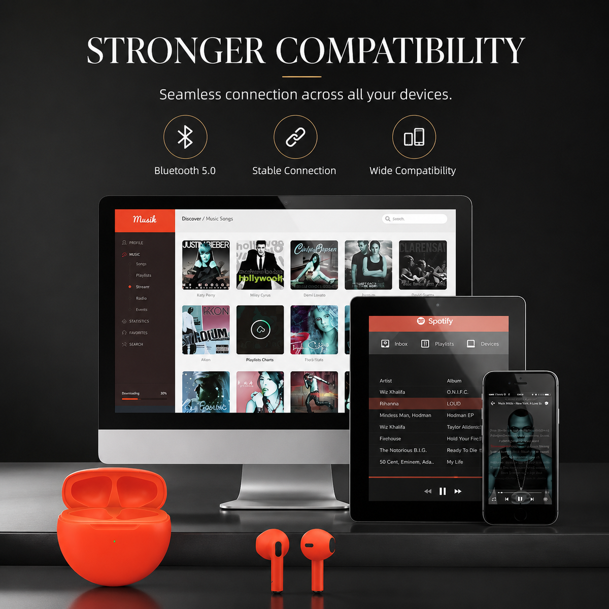 Premium Wireless Earbuds Bluetooth Compatible Touch Control Stereo Sound Mini In-Ear Sport Headset Noise Reduction Charging Case Rechargeable Portable